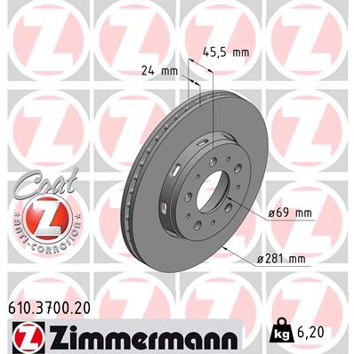 Слика на кочионен диск ZIMMERMANN COAT Z 610.3700.20 за Volvo S40 Sedan (VS) 1.8 i - 122 коњи бензин