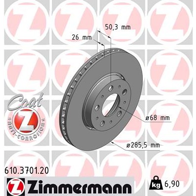 Слика на кочионен диск ZIMMERMANN COAT Z 610.3701.20 за Volvo S80 Saloon (TS,XY) 2.5 T - 210 коњи бензин