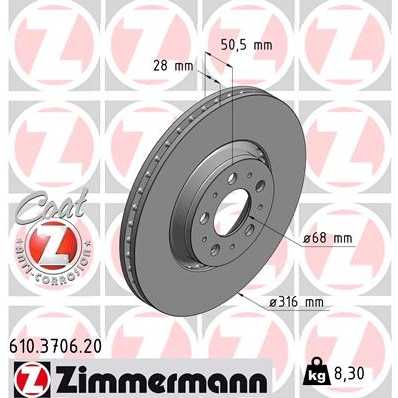 Слика на кочионен диск ZIMMERMANN COAT Z 610.3706.20 за Volvo V70 Estate 2 (P80) 2.4 Bifuel (CNG) - 140 коњи Бензин/Метан (CNG)