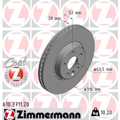 Слика на кочионен диск ZIMMERMANN COAT Z 610.3711.20 за Volvo S80 Saloon T5 - 241 коњи бензин