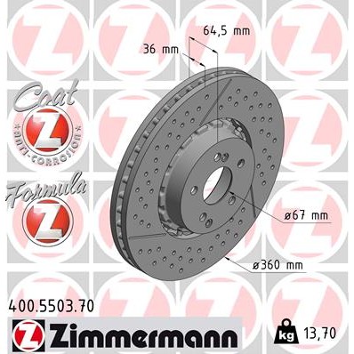 Слика на кочионен диск ZIMMERMANN FORMULA Z BRAKE DISC 400.5503.70 за Mercedes CLS (x218) CLS 63 AMG 4-matic (218.976) - 585 коњи бензин