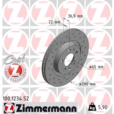 Слика на кочионен диск ZIMMERMANN SPORT BRAKE DISC COAT Z 100.1234.52 за Seat Toledo 2 Saloon (1M2) 2.3 V5 - 150 коњи бензин