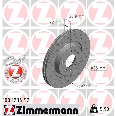 Слика на кочионен диск ZIMMERMANN SPORT BRAKE DISC COAT Z 100.1234.52 за VW Jetta 4 (1J2) 1.9 TDI - 150 коњи дизел