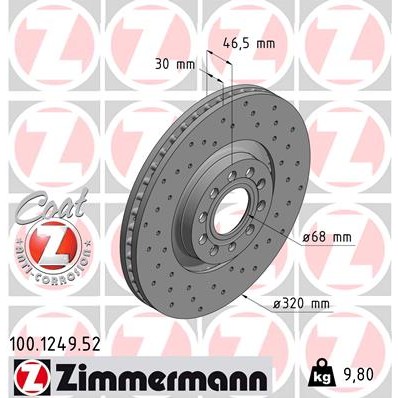 Слика на кочионен диск ZIMMERMANN SPORT BRAKE DISC COAT Z 100.1249.52 за Audi A4 Convertible (8H, 8E, B7) 2.0 TDI - 140 коњи дизел