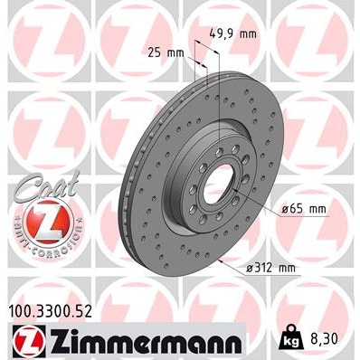 Слика на кочионен диск ZIMMERMANN SPORT BRAKE DISC COAT Z 100.3300.52 за Audi A3 Sportback (8PA) 1.8 TFSI - 160 коњи бензин