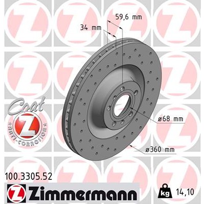 Слика на кочионен диск ZIMMERMANN SPORT BRAKE DISC COAT Z 100.3305.52 за Audi A6 Avant (4F5, C6) 3.0 TDI quattro - 240 коњи дизел