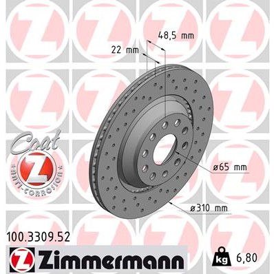 Слика на кочионен диск ZIMMERMANN SPORT BRAKE DISC COAT Z 100.3309.52 за Audi A3 Sedan (8VS) S3 quattro - 290 коњи бензин