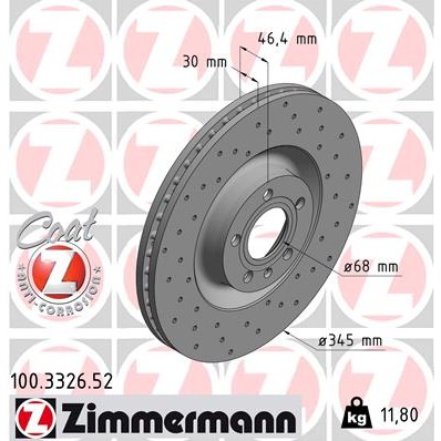 Слика на кочионен диск ZIMMERMANN SPORT BRAKE DISC COAT Z 100.3326.52 за Audi A4 Convertible (8H, 8E, B7) 2.4 - 170 коњи бензин