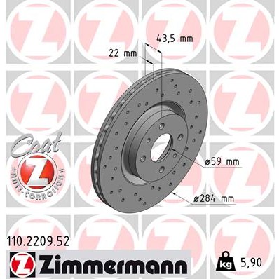 Слика на кочионен диск ZIMMERMANN SPORT BRAKE DISC COAT Z 110.2209.52 за Fiat Doblo Cargo 223 1.6 16V (223ZXD1A) - 103 коњи бензин