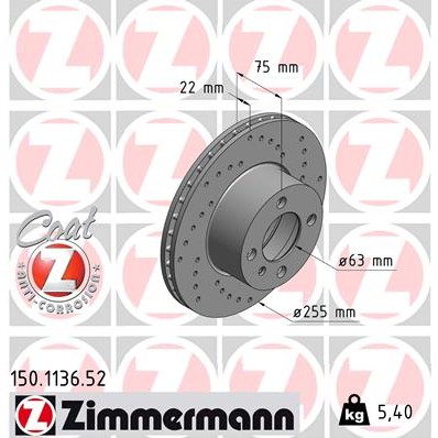 Слика на кочионен диск ZIMMERMANN SPORT BRAKE DISC COAT Z 150.1136.52 за BMW 3 Sedan/Coupe (E21) 320 i - 125 коњи бензин