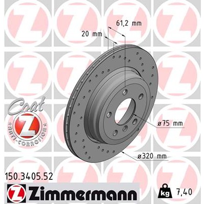 Слика на кочионен диск ZIMMERMANN SPORT BRAKE DISC COAT Z 150.3405.52 за BMW 5 Touring E61 520 d - 177 коњи дизел