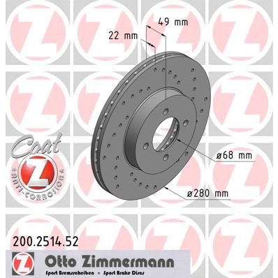 Слика на кочионен диск ZIMMERMANN SPORT BRAKE DISC COAT Z 200.2514.52 за Nissan Pulsar Hatchback (N16) 1.5 - 98 коњи бензин