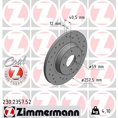 Слика на кочионен диск ZIMMERMANN SPORT BRAKE DISC COAT Z 230.2357.52 за Fiat Brava 182 1.2 16V 80 - 80 коњи бензин