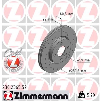 Слика на кочионен диск ZIMMERMANN SPORT BRAKE DISC COAT Z 230.2365.52 за Fiat Idea 1.3 JTD - 70 коњи дизел