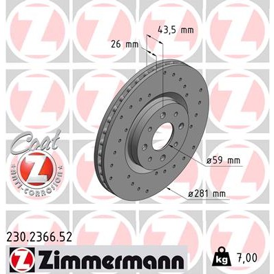 Слика на кочионен диск ZIMMERMANN SPORT BRAKE DISC COAT Z 230.2366.52 за Fiat Bravo 198 1.4 T-Jet - 150 коњи бензин