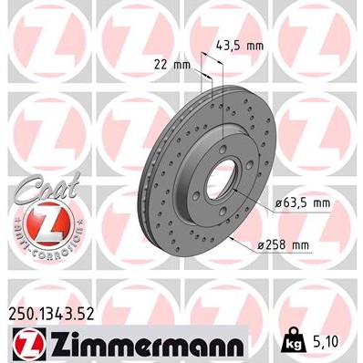 Слика на кочионен диск ZIMMERMANN SPORT BRAKE DISC COAT Z 250.1343.52 за Mazda 2 Hatchback (DY) 1.4 - 80 коњи бензин