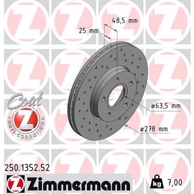 Слика на кочионен диск ZIMMERMANN SPORT BRAKE DISC COAT Z 250.1352.52 за Ford Focus 2 (da) 1.6 LPG - 115 коњи Бензин/Автогаз (LPG)