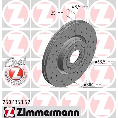 Слика на кочионен диск ZIMMERMANN SPORT BRAKE DISC COAT Z 250.1353.52 за Volvo C30 2.0 FlexFuel - 146 коњи Бензин/Етанол