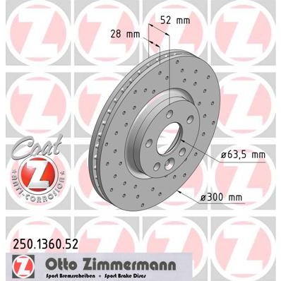 Слика на кочионен диск ZIMMERMANN SPORT BRAKE DISC COAT Z 250.1360.52 за Volvo S80 Saloon D3 / D4 - 163 коњи дизел