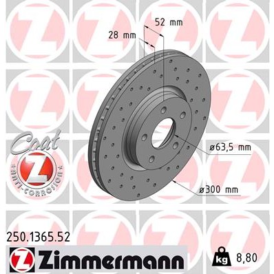 Слика на кочионен диск ZIMMERMANN SPORT BRAKE DISC COAT Z 250.1365.52 за Ford Mondeo 4 Turnier 2.0 LPG - 145 коњи Бензин/Автогаз (LPG)