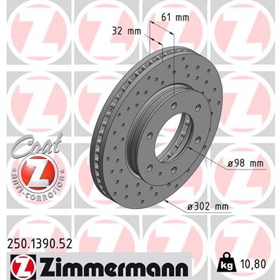 Слика на кочионен диск ZIMMERMANN SPORT BRAKE DISC COAT Z 250.1390.52 за Mazda BT-50 (CD) 2.6 4x4 - 156 коњи бензин