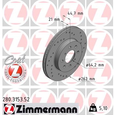 Слика на кочионен диск ZIMMERMANN SPORT BRAKE DISC COAT Z 280.3153.52 за Rover 25 (RF) 2.0 iDT - 101 коњи дизел