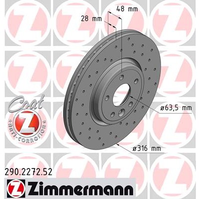 Слика на кочионен диск ZIMMERMANN SPORT BRAKE DISC COAT Z 290.2272.52 за Jaguar XE (x760) 2.0 D - 163 коњи дизел