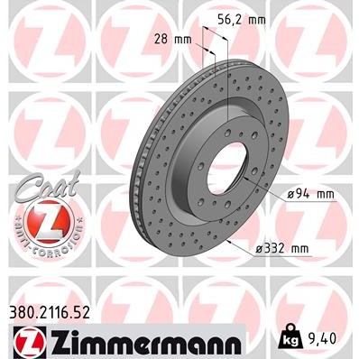 Слика на кочионен диск ZIMMERMANN SPORT BRAKE DISC COAT Z 380.2116.52 за Mitsubishi Montero 4 (V80,V90) DI-D (V88W, V98W) - 160 коњи дизел