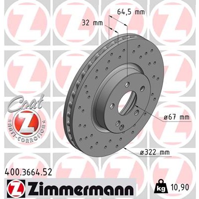 Слика на кочионен диск ZIMMERMANN SPORT BRAKE DISC COAT Z 400.3664.52 за Mercedes E-class Coupe (c207) E 350 BlueTEC - 252 коњи дизел