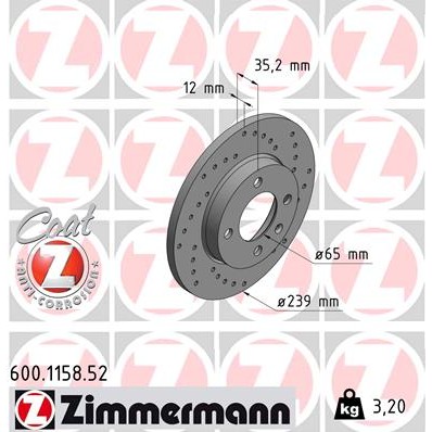 Слика на кочионен диск ZIMMERMANN SPORT BRAKE DISC COAT Z 600.1158.52 за VW Scirocco (53B) 1.3 - 60 коњи бензин