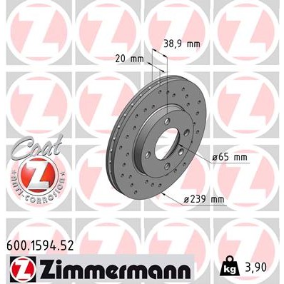 Слика на кочионен диск ZIMMERMANN SPORT BRAKE DISC COAT Z 600.1594.52 за VW Scirocco (53B) 1.8 - 90 коњи бензин