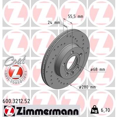 Слика на кочионен диск ZIMMERMANN SPORT BRAKE DISC COAT Z 600.3212.52 за VW Transporter T4 Bus 2.4 D Syncro - 78 коњи дизел