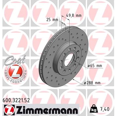 Слика на кочионен диск ZIMMERMANN SPORT BRAKE DISC COAT Z 600.3221.52 за VW Vento 3 Sedan (1K2) 2.0 FSI - 150 коњи бензин