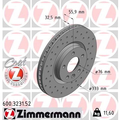 Слика на кочионен диск ZIMMERMANN SPORT BRAKE DISC COAT Z 600.3231.52 за VW Transporter T5 Box 3.2 4motion - 235 коњи бензин