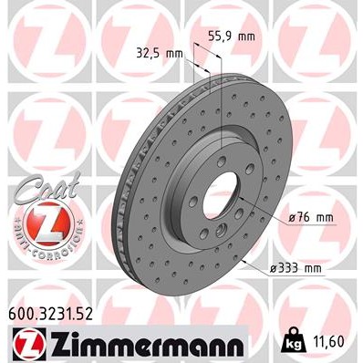 Слика на кочионен диск ZIMMERMANN SPORT BRAKE DISC COAT Z 600.3231.52 за VW Transporter T5 Bus 2.0 TDI - 102 коњи дизел