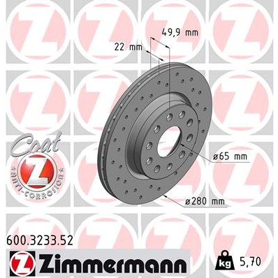 Слика на кочионен диск ZIMMERMANN SPORT BRAKE DISC COAT Z 600.3233.52 за Seat Altea (5P1) 2.0 TDI - 140 коњи дизел