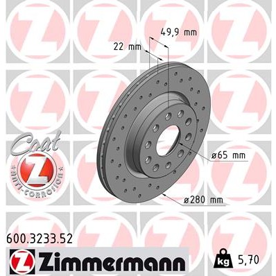 Слика на кочионен диск ZIMMERMANN SPORT BRAKE DISC COAT Z 600.3233.52 за VW Vento 3 Sedan (1K2) 2.0 FSI - 150 коњи бензин