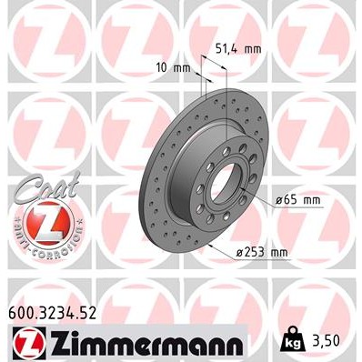 Слика на кочионен диск ZIMMERMANN SPORT BRAKE DISC COAT Z 600.3234.52 за VW Caddy 3 Estate 1.2 TSI - 105 коњи бензин