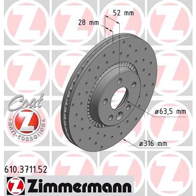 Слика на кочионен диск ZIMMERMANN SPORT BRAKE DISC COAT Z 610.3711.52 за Volvo V60 2.4 D5 - 215 коњи дизел