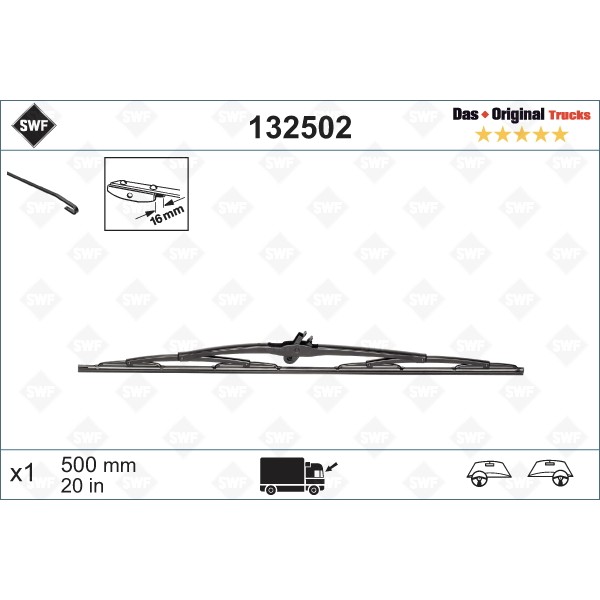 Слика на перо на брисач SWF DAS ORIGINAL TRUCKS 132502 за камион MAN L2000 8.163 LC,8.163 LLC, LRC, LLRC, L-LF - 141 коњи дизел