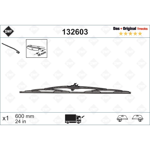 Слика на перо на брисач SWF DAS ORIGINAL TRUCKS 132603 за камион DAF 75 FAV 75.270 - 272 коњи дизел