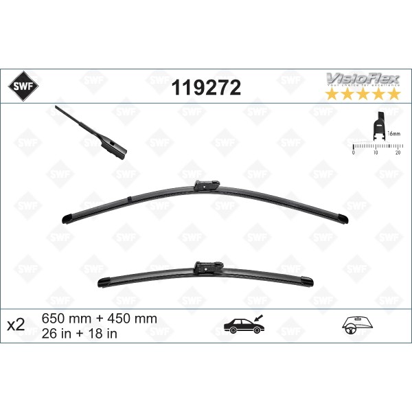 Слика на перо на брисач SWF ORIGINAL VISIOFLEX SET 119272 за Audi A3 Sportback (8VA) 2.0 TDI quattro - 150 коњи дизел