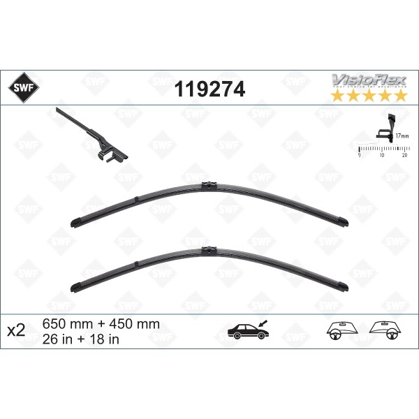 Слика на перо на брисач SWF ORIGINAL VISIOFLEX SET 119274 за BMW 5 Touring F11 550 i - 408 коњи бензин