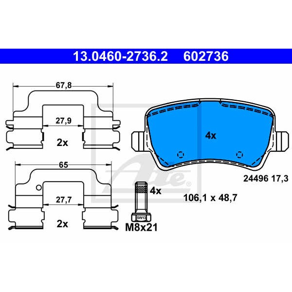 Слика на плочки ATE 13.0460-2736.2 за Volvo XC 60 Estate D3 / D4 - 163 коњи дизел