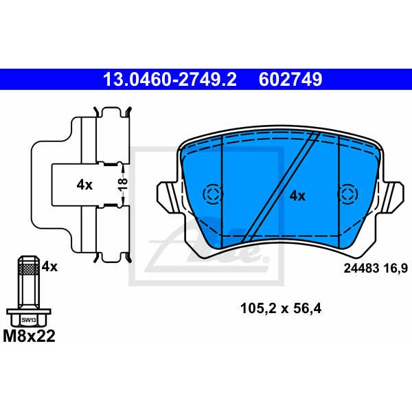 Слика на плочки ATE 13.0460-2749.2 за VW Caddy 3 Box 1.2 TSI - 105 коњи бензин