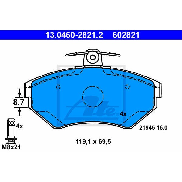 Слика на плочки ATE 13.0460-2821.2 за Seat Toledo (1L) 2.0 i 16V - 150 коњи бензин