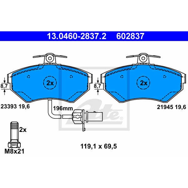 Слика на плочки ATE 13.0460-2837.2 за Audi A4 Sedan (8E2, B6) 3.0 quattro - 218 коњи бензин