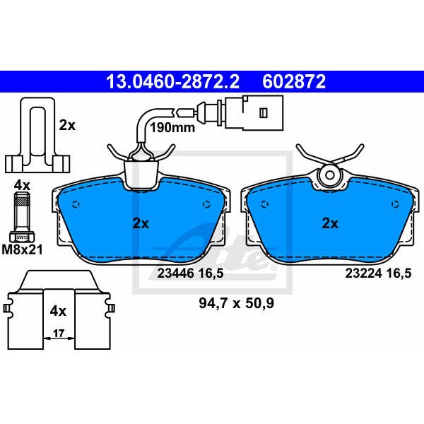 Слика на плочки ATE 13.0460-2872.2 за VW Transporter T4 Box 2.5 TDI Syncro - 102 коњи дизел