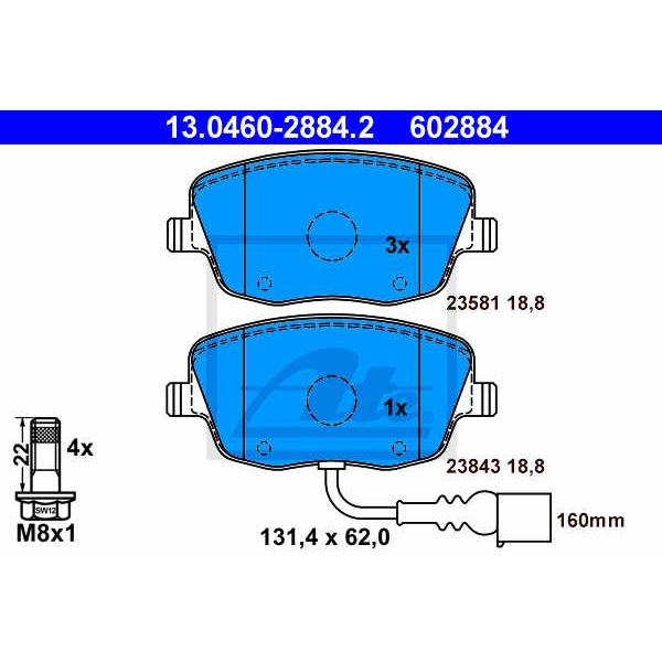 Слика на плочки ATE 13.0460-2884.2 за VW Polo 4 (9n) 1.4 TDI - 75 коњи дизел