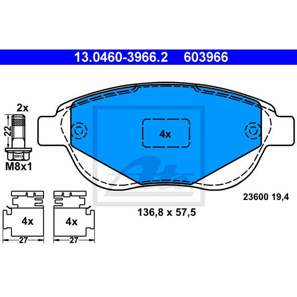 Слика на плочки ATE 13.0460-3966.2 за Citroen C3 FC Hatchback 1.6 16V HDi - 109 коњи дизел